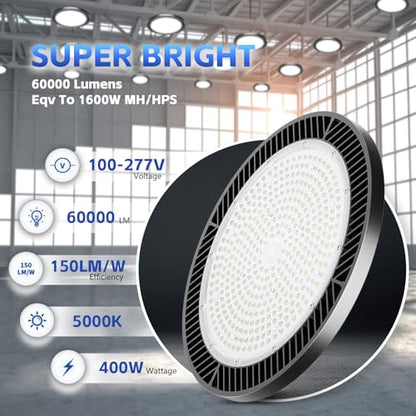 400W UFO Led High Bay Light - Super Bright Waterproof Shop Light for Garage, High Bay Led Shop Lights Commercial Bay Lights for Factory Barn Gym Warehouse Workshop (4 Packs)