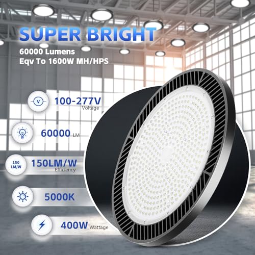 400W UFO Led High Bay Light - Super Bright Waterproof Shop Light for Garage, High Bay Led Shop Lights Commercial Bay Lights for Factory Barn Gym Warehouse Workshop (4 Packs)