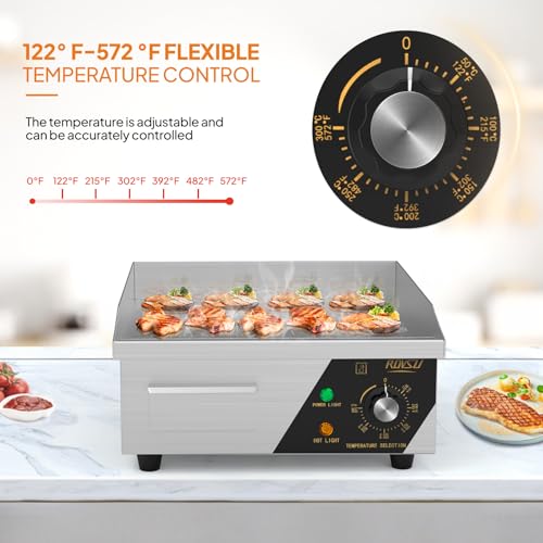 ROVSUN 14" Electric Countertop Flat Top Griddle, 1500W Electric Griddle, Teppanyaki Grill Stainless Steel with Adjustable Temperature Control 122°F-572°F for Home Restaurant Commercial - size: 14"
