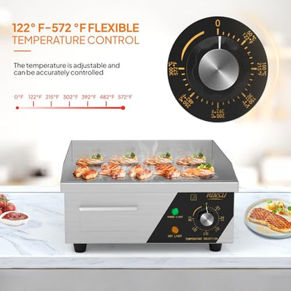 ROVSUN 14" Electric Countertop Flat Top Griddle, 1500W Electric Griddle, Teppanyaki Grill Stainless Steel with Adjustable Temperature Control 122°F-572°F for Home Restaurant Commercial - size: 14"