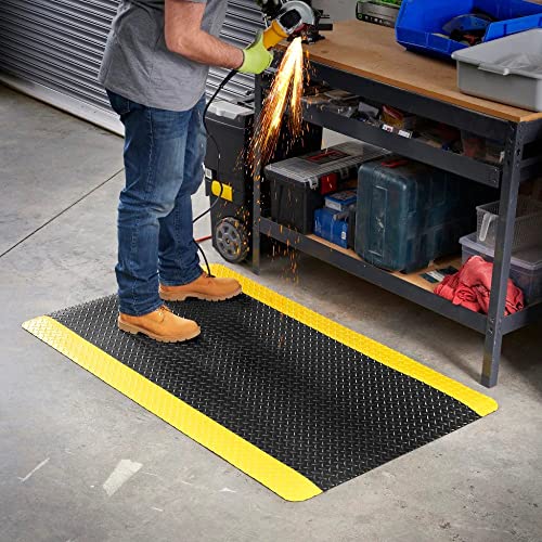 Consolidated Plastics Anti-Fatigue Heavy Duty Diamond Plate Floor Mat, Commercial Grade Standing Support for Leg & Back Pain, Sponge Base/Solid Vinyl Top Made in USA (1/2" Yellow Border, 2' x 3') - size: 2' x 3'