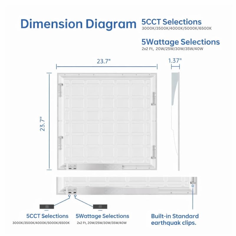 6 Pack 2x2 LED Flat Panel Light for Drop Ceiling, 5200lm Selectable 20W/25W/30W/35W/40W, Color Temperature 3000K/3500K/4000K/5000K/6500K, 0-10V Dimmable, 120-277V, ETL - size: 2x2 5CCT 6 Pack
