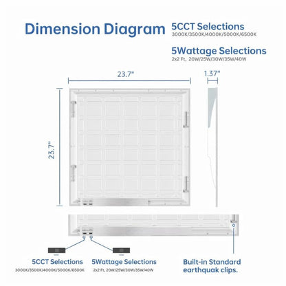 6 Pack 2x2 LED Flat Panel Light for Drop Ceiling, 5200lm Selectable 20W/25W/30W/35W/40W, Color Temperature 3000K/3500K/4000K/5000K/6500K, 0-10V Dimmable, 120-277V, ETL - size: 2x2 5CCT 6 Pack