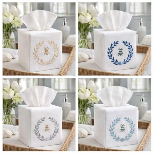 Jacaranda Living Square Tissue Box Cover, Linen/Cotton Fabric Tissue Holder, Decorative Cloth Tissue Cube Cover, Embroidered Bee Designs, Napoleon Bee Wreath (Beige) - color: Napoleon Bee Wreath (Beige)