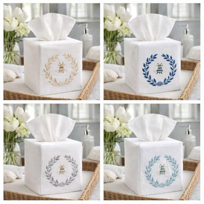 Jacaranda Living Square Tissue Box Cover, Linen/Cotton Fabric Tissue Holder, Decorative Cloth Tissue Cube Cover, Embroidered Bee Designs, Napoleon Bee Wreath (Beige) - color: Napoleon Bee Wreath (Beige)