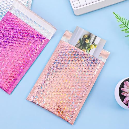 60 Pcs Small Bubble Mailers Cute Holographic Padded Envelopes, 6 x 9.5 Inch Self Seal Waterproof Shipping Bags for Jewelry Makeup Accessories Small Business (Silver Pink Rose Pink)