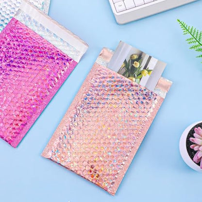 60 Pcs Small Bubble Mailers Cute Holographic Padded Envelopes, 6 x 9.5 Inch Self Seal Waterproof Shipping Bags for Jewelry Makeup Accessories Small Business (Silver Pink Rose Pink)