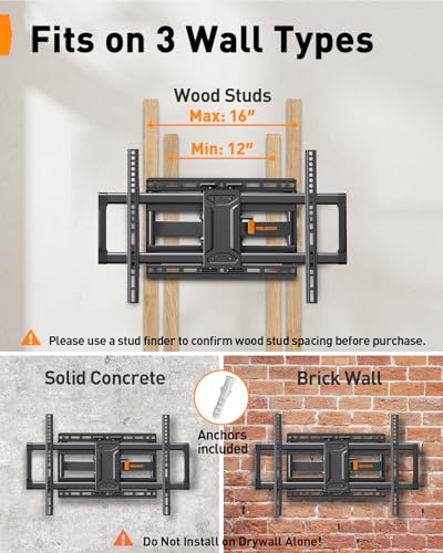 Perlegear Full Motion TV Wall Mount for 42–86 inch TVs up to 132 lbs - size: Fits 42-86" TVs / Max 16" Wood Stud