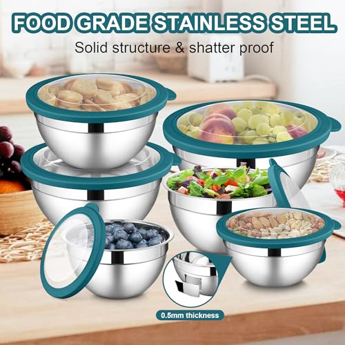 LIANYU 6 PCS Stainless Steel Mixing Bowls with Visible Lid for Food Storage - color: Dark Blue, style: Atlas Base with Visible Lids