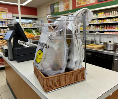 Plastic bag holder with a rattan-woven basket base, grocery bag organizer, space-saving bag storage, neat and easy to grab, perfect for the kitchen, shops, restaurants, and commercial use