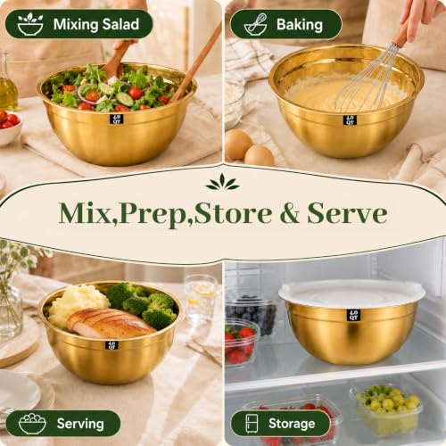 5-Piece Gold Stainless Steel Mixing Bowls with White Lids, Nesting Mixing Bowl Set in 1.5, 2.1, 3.5, 4 and 4.5 QT Sizes for Baking, Cooking, Meal Prep, Salad, Everyday Kitchen Use and Food Prep - color: 5Pcs Gold Mixing bowls