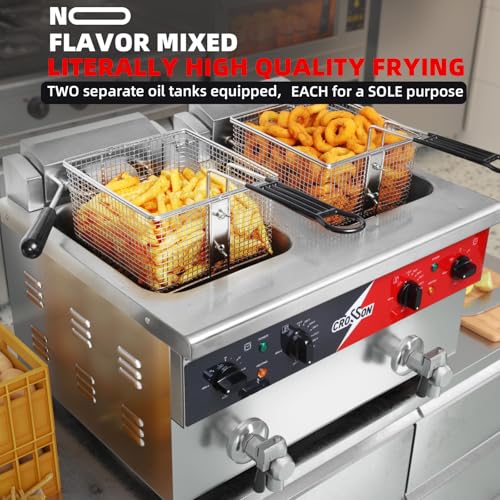CROSSON 16L Dual Tank Countertop Electric Deep Fryer with "Swing-up and Hold",Drain Valve,Strech forming Oil Tank and Solid Wire Mesh Basket for Restaurant Use 120V,3600W Commercial Deep Fryer - size: Double Tank,16L
