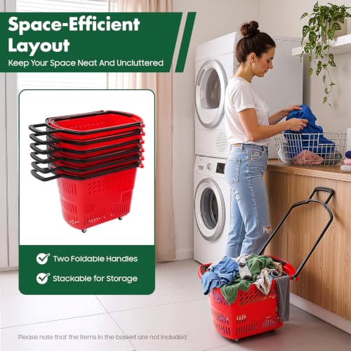 6PCS Shopping Basket 35L Portable Plastic Rolling Shopping Cart with Wheels - color: Red