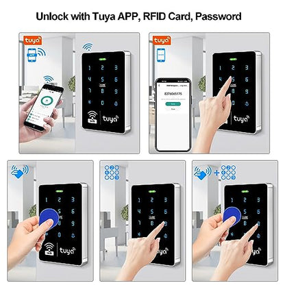 WiFi Tuya APP Access Control System Waterproof Kits RFID Keypad Controller 125KHz 13.56MHz + Door Electric Strike Lock + DC12V Power Supply, 10,000 Large User Capacity