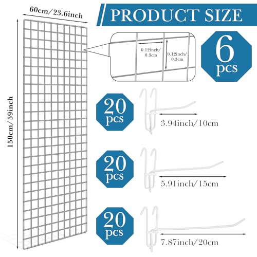 Hicarer 6 Pcs Commercial Grade Gridwall Panels for Display, Heavy Duty Wire Grid wall Display Rack Metal wall Mount Grid with 60 White Hooks for Retail Display Home Storage Vendor Events(2 x 5 ft) - size: 2 x 5 ft