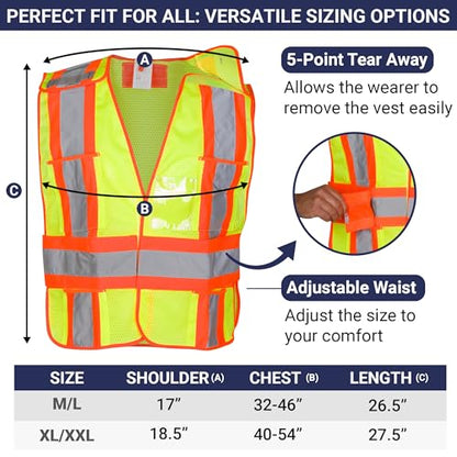 High Visibility Safety Vest – ANSI Class 2 Breakaway Vest with 5 Pockets, Yellow with Adjustable Hook and Loop Closure, Breathable Mesh, Heavy Duty Work Wear for Men or Women, 3 Pack (Medium/Large) - size: Medium-Large
