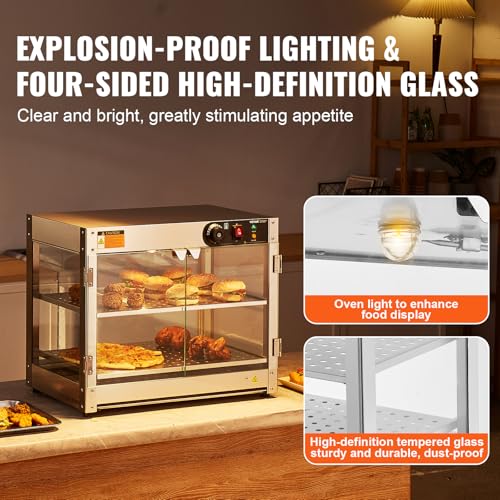 VEVOR 2-Tier Commercial Food Warmer Display, 800W Food Display Warmer with Light to Enhance Food Display, 86℉~185℉ Temperature Control, 58L Large Capacity for Hamburger, Pizza, Bread, Fried Chicken - size: 2-Tier-61Qt