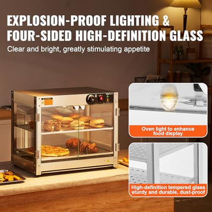 VEVOR 2-Tier Commercial Food Warmer Display, 800W Food Display Warmer with Light to Enhance Food Display, 86℉~185℉ Temperature Control, 58L Large Capacity for Hamburger, Pizza, Bread, Fried Chicken - size: 2-Tier-61Qt