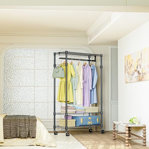 IZEUK Heavy Duty Rolling Garment Rack Wire Clothes Rack for Hanging Clothes (Black, 3 Tier with 2 Rod, 29.5" W x 15.7" D x 75" H) - color: Black, size: 3 Tier with 2 Rods, 15.7"D x 29.5"W x 75"H