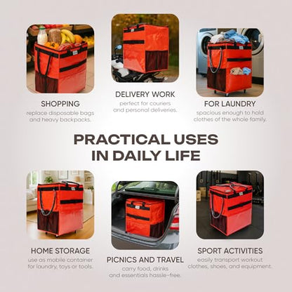 KELN Rolling Tote Bag on Wheels – 76 lb Foldable Shopping Cart – Red - color: Red