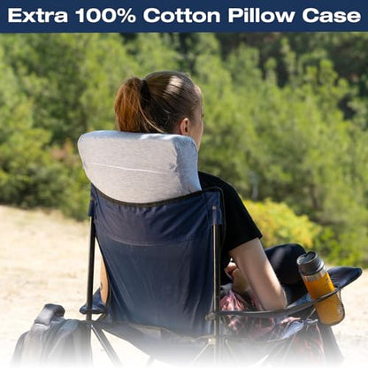 alkamto Travel & Camping Comfortable Memory Foam Pillow – Easy to Carry Portable Bag – Temperature Regulating Pillow Case - size: 13.7 x 11.8 x 3.9 / 3.14 In - Grey + Extra Cover