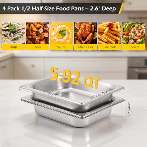 Dyna-Living Hotel Pans 1/2 Half Size Pans 4 Pack Steam Table Pans - color: Without Lids, size: 2.5 Inch Deep