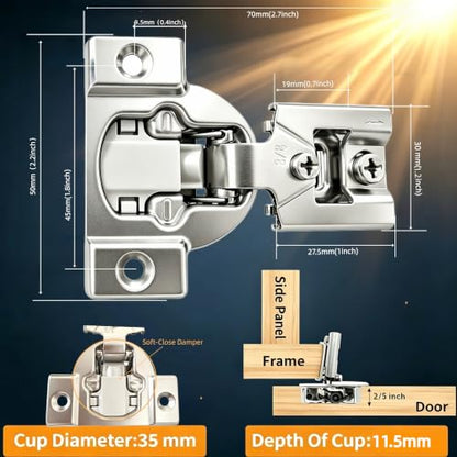 Soft‑Close 3/8" Overlay Cabinet Hinges, 105 Degree 3D Adjustable Concealed Hinges, Satin Nickel Finish, for Face Frame Kitchen Cabinet Doors, 2‑Pack (1 Pair) - size: 3/8inch Overlay