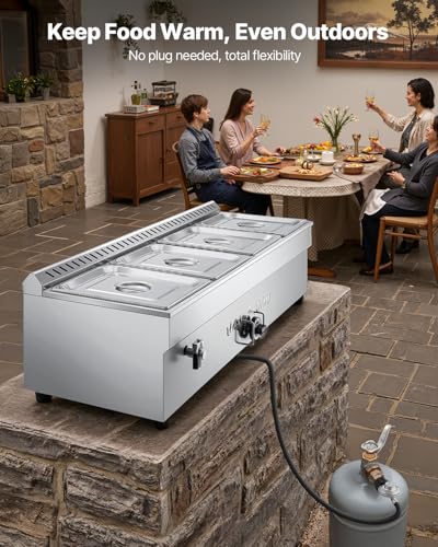 VEVOR 4-Pan Commercial Propane Steam Table, LP Gas Outdoor Soup Warmer with Drain Valve, Stainless Steel Propane Food Warmer with Adjustable Temperature, for Restaurant Party Outdoor Camping - size: 4×1/2 Pan;48QT