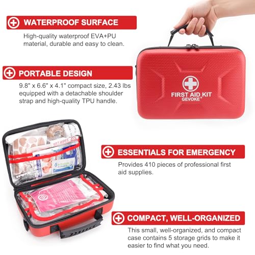 Gevoke 410 Piece Waterproof Hard Shell First Aid Kit, Red - color: Red