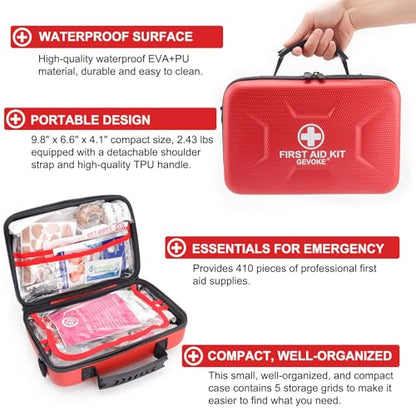 Gevoke 410 Piece Waterproof Hard Shell First Aid Kit, Red - color: Red