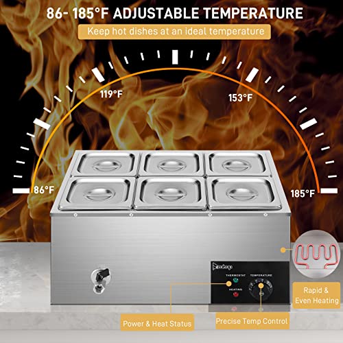 Winado 110V 6-Pan Commercial Food Warmer, 19QT Electric Steam Table 6 Inch Deep, 1200W Countertop Stainless Steel Food Soup Buffet w/Temperature Control & Lid for Catering, Restaurant, Party - size: 19 QT/6 Pan