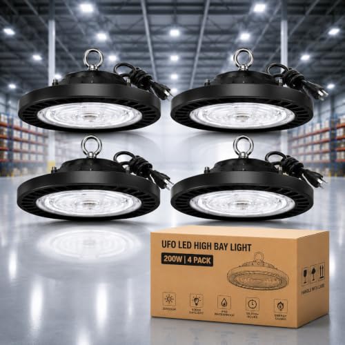 200W-4Pack UFO LED High Bay Light,22000lm 6000K Daylight 2000W Equivalent with US Plug Cable LED Garage Lights Commercial Warehouse Area Light Workshop Garage Factory Lowbay Area Lighting - color: 200W-4Pack