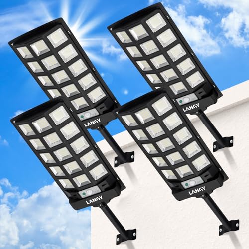 LANGY Solar Street Lights Outdoor 4 Pack, 30000LM 6500K Motion Sensor Dusk to Dawn, IP66 Waterproof LED Flood Security Lights with Remote Control for Parking Lot, Driveway, Garden, Yard - size: 4PACK 30000LM