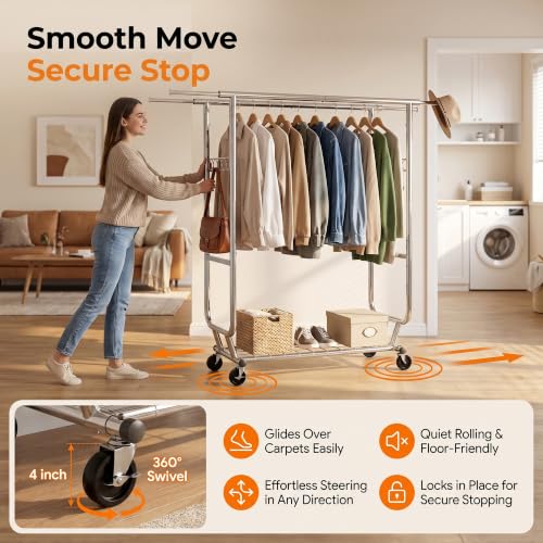 Clothes Rack, Heavy Duty Garment Rack Load 660 LBS, Rolling Clothes Rack for Hanging Clothes, Height Adjustable& Scalable& Foldable, for home or commercial, 75"x 22"x 68", Silver - color: 2 Rods& Silver