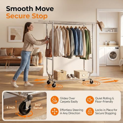 Clothes Rack, Heavy Duty Garment Rack Load 660 LBS, Rolling Clothes Rack for Hanging Clothes, Height Adjustable& Scalable& Foldable, for home or commercial, 75"x 22"x 68", Silver - color: 2 Rods& Silver