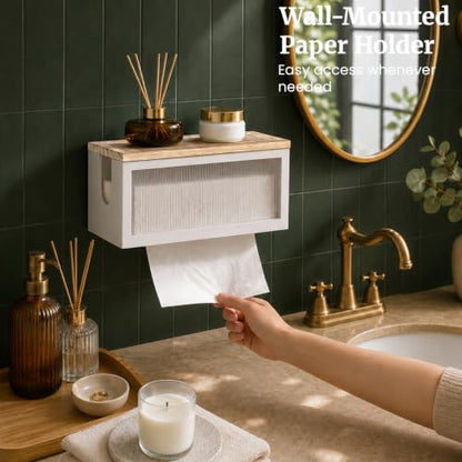 Wooden Paper Towel Holder with Lid & Acrylic Window Wall Mounted - color: White Acrylic