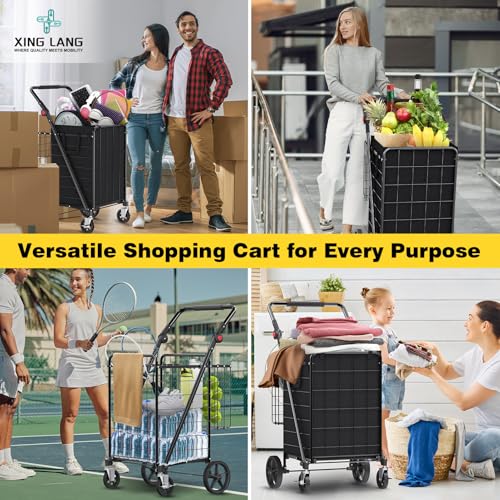 XINGLANG Heavy Duty Folding Shopping Cart – 4.5 Cu Ft, 420 lbs Capacity, Double Basket & Removable Waterproof Liner, 360° Swivel Wheels with Brakes, Adjustable & Rotating Handle for Laundry & Grocery - size: Jumbo