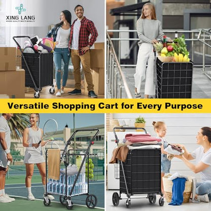 XINGLANG Heavy Duty Folding Shopping Cart – 4.5 Cu Ft, 420 lbs Capacity, Double Basket & Removable Waterproof Liner, 360° Swivel Wheels with Brakes, Adjustable & Rotating Handle for Laundry & Grocery - size: Jumbo