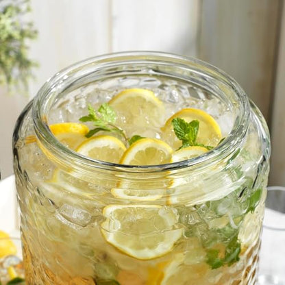 3 Gallon Glass Drink Dispenser with Metal Stand & Lid – Hammered Beverage Dispenser with Leakproof Spigot, Wide Mouth for Easy Fill – Ideal for Parties, Lemonade, Iced Tea, Sangria & More - color: Clear - 3 Gallon