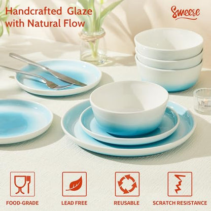 Sweese Porcelain Dinnerware Sets, Handpainted Plates and Bowls Set for 6, Scratch Resistant Dinner Set, Dishwasher and Oven Microwave Safe Dishes Set, Blue - color: Blue