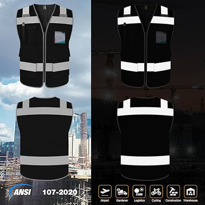 TCCFCCT Reflective Safety Vest 5 Pockets High Visibility, Black 4XL - color: Lion 01-fabric-black, size: 4X-Large
