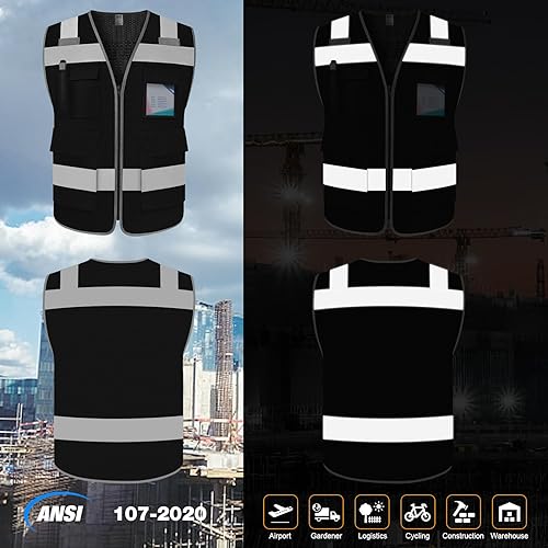 TCCFCCT Reflective Safety Vest 5 Pockets High Visibility, Black 4XL - color: Lion 01-fabric-black, size: 4X-Large