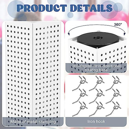 Geelin Rotating Countertop Display Kit with 16 Peg Hooks Four Sided Pegboard Spinner Organizer 4 x 4 x 12 Inches Retail Display Racks Revolving Metal Countertop for Keychain Supplies(White) - color: White