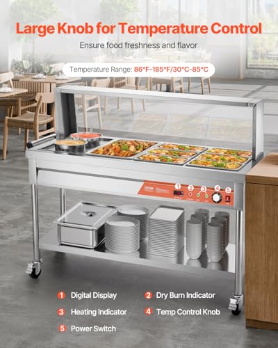 VEVOR Commercial Food Warmer, 7 Pans + 2 Pots Electric Steam Table, 1800W Professional Buffet Catering Food Warmer with Shield Undershelf Wheels, Stainless Steel Server for Party Restaurant Hotel - size: 7 Pans + 2 Pots Large