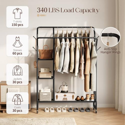 Yoobure Double Rods Clothes Rack - Portable Clothing Rack with Wheels, Rolling Garment Rack with 3-Tier Shelves & 4 Hooks, Freestanding Clothing Racks for Hanging clothes