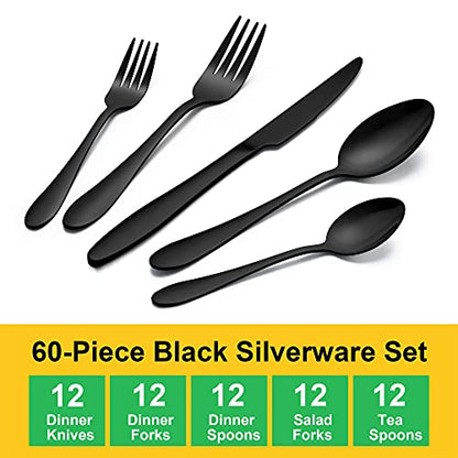 LIANYU 60-Piece Black Silverware Set, Flatware Cutlery Set for 12 - color: Black