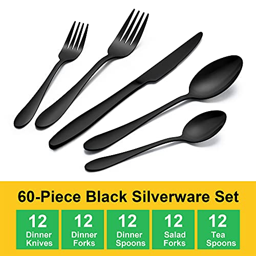 LIANYU 60-Piece Black Silverware Set, Flatware Cutlery Set for 12 - color: Black