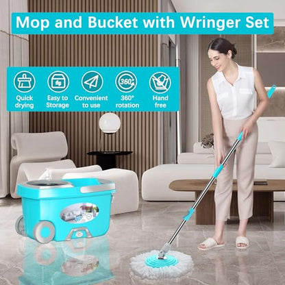 FunClean Large Spin Mop Bucket Set with Wringer, 2 Gal Capacity, Blue - size: Large - 6 Mop Heads - Blue