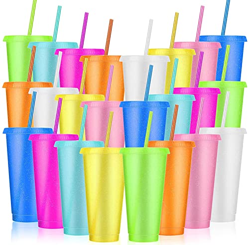 24 Pack Plastic Tumblers with Lids and Straw, Reusable Cups with Lids and Straws Colorful Cups for Cold Drink Iced Coffee, Plastic Tumbler Bulk for Party Birthday Gifts (24 oz, Light Colors) - color: Light Colors