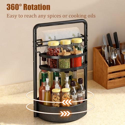 JEESA Rotating Spice Rack with Paper Towel Holder, Black